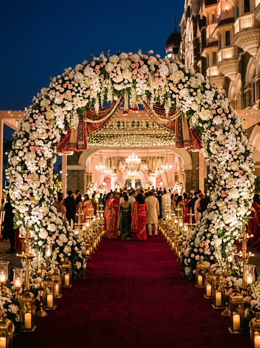 AS Decor & Events Grand Floral Entrance with Royal Red Carpet Walkway in Mumbai