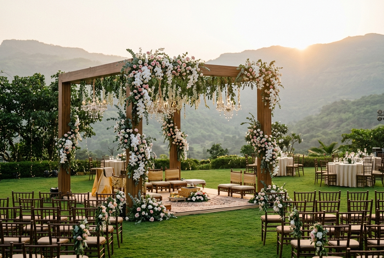 Luxury outdoor wedding mandap on a scenic Lonavala hillside resort lawn with white orchids, blush roses, crystal chandeliers, and green mountain valley views